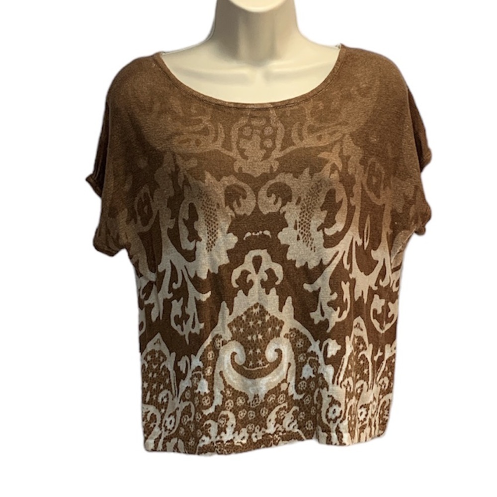 Investments Women Brown Damask Print  Short Sleeve Knit Sweater Top Size MP